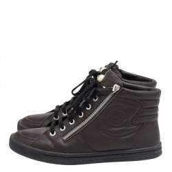 Pre Owned Chanel Dark Brown Leather Double Zip CC High Top Sneakers Size 39
