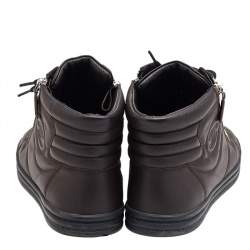 Pre Owned Chanel Dark Brown Leather Double Zip CC High Top Sneakers Size 39