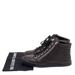 Pre Owned Chanel Dark Brown Leather Double Zip CC High Top Sneakers Size 39