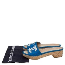 Chanel Blue/White Mesh And Leather CC Logo Platform Slide Wooden Sandals Size 39