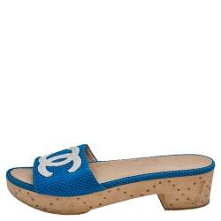 Chanel Blue/White Mesh And Leather CC Logo Platform Slide Wooden Sandals Size 39