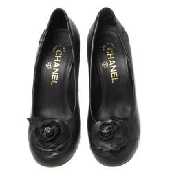 Pre Owned Chanel Black Leather Camellia Cap-Toe Quilted Heel Pumps Size 37