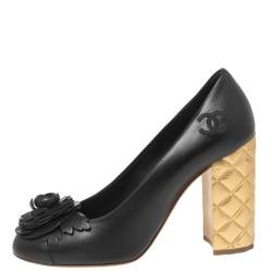 Pre Owned Chanel Black Leather Camellia Cap-Toe Quilted Heel Pumps Size 37