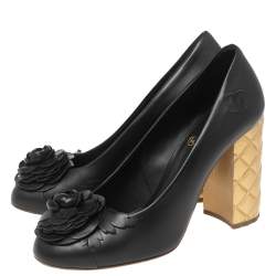 Pre Owned Chanel Black Leather Camellia Cap-Toe Quilted Heel Pumps Size 37