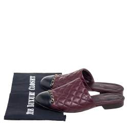Pre Owned Chanel Burgundy/Black Quilted Leather Cap Toe Mule Sandals Size 38.5 