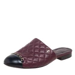 Pre Owned Chanel Burgundy/Black Quilted Leather Cap Toe Mule Sandals Size 38.5 