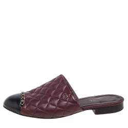 Pre Owned Chanel Burgundy/Black Quilted Leather Cap Toe Mule Sandals Size 38.5 