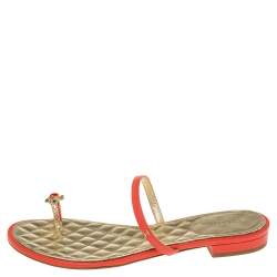 Chanel Red Leather Enamel Embellished Toe Ring Flat Sandals Size 39