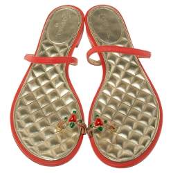 Chanel Red Leather Enamel Embellished Toe Ring Flat Sandals Size 39