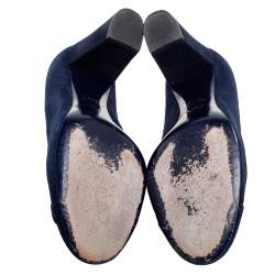 مملوكة مسبقًا حذاء كعب عالي شانيل كاميليا سويدي أزرق كحلي بنعل مربع سميك مقاس 38.5