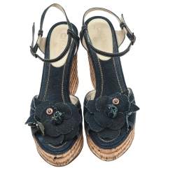 Chanel Blue Denim Camellia Cork Wedge Platform Ankle Strap Sandals Size 40
