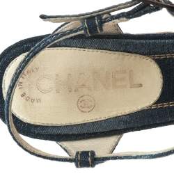 Chanel Blue Denim Camellia Cork Wedge Platform Ankle Strap Sandals Size 40