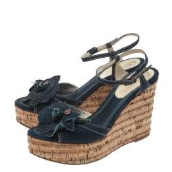 Chanel Blue Denim Camellia Cork Wedge Platform Ankle Strap Sandals Size 40