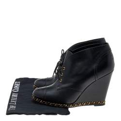 Chanel Black Leather CC Chain Wedge Ankle Length Boots Size 39.5