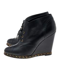 Chanel Black Leather CC Chain Wedge Ankle Length Boots Size 39.5