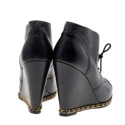 Chanel Black Leather CC Chain Wedge Ankle Length Boots Size 39.5