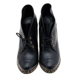 Chanel Black Leather CC Chain Wedge Ankle Length Boots Size 39.5
