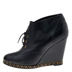 Chanel Black Leather CC Chain Wedge Ankle Length Boots Size 39.5