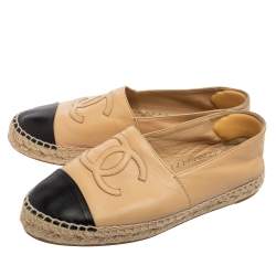 Pre Owned Chanel Beige/Black Leather CC Cap Toe Espadrilles Size 37