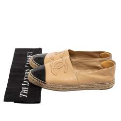 Pre Owned Chanel Beige/Black Leather CC Cap Toe Espadrilles Size 37