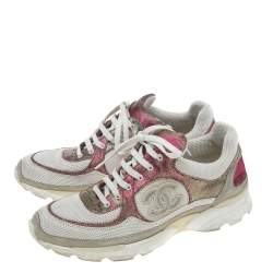 Pre Owned حذاء رياضي  شانيل منخفض من أعلي سي سي قماش لوريكس وشبك متعدد الألوان/ أبيض مقاس 39