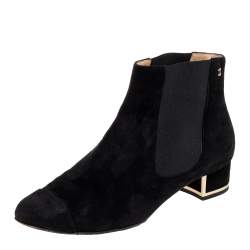 Chanel Black Suede And Elastic Fabric Ankle Boots Size 38.5