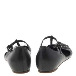 Pre Owned Chanel Black Leather T-Strap Ballet Flat Sandals Size 36.5