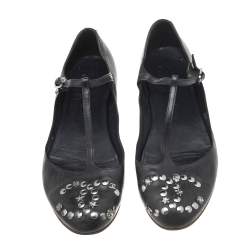 Pre Owned Chanel Black Leather T-Strap Ballet Flat Sandals Size 36.5