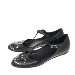 Pre Owned Chanel Black Leather T-Strap Ballet Flat Sandals Size 36.5