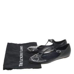 Pre Owned Chanel Black Leather T-Strap Ballet Flat Sandals Size 36.5