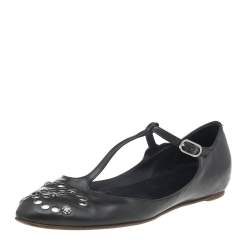 Chanel Black Leather T-Strap Ballet Flat Sandals Size 36.5 Chanel