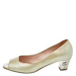 Pre Owned Chanel Metallic Olive Green Patent Leather CC Peep toe Pumps Size 40