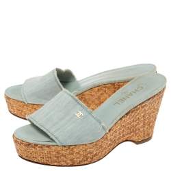 Pre Owned Chanel Blue Fabric Open Toe Raffia Wedge Platform Slide Sandals Size 39