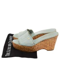 Pre Owned Chanel Blue Fabric Open Toe Raffia Wedge Platform Slide Sandals Size 39