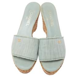 Pre Owned Chanel Blue Fabric Open Toe Raffia Wedge Platform Slide Sandals Size 39