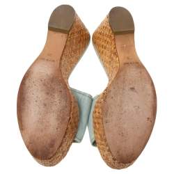 Pre Owned Chanel Blue Fabric Open Toe Raffia Wedge Platform Slide Sandals Size 39