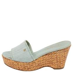 Pre Owned Chanel Blue Fabric Open Toe Raffia Wedge Platform Slide Sandals Size 39