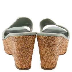 Pre Owned Chanel Blue Fabric Open Toe Raffia Wedge Platform Slide Sandals Size 39