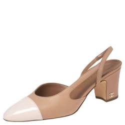 Chanel Nude/Pink Leather and Patent Cap-Toe D'orsay Slingback Pumps Size 36  Chanel