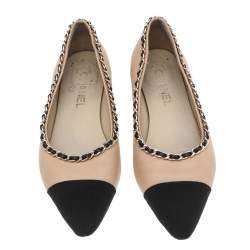 Chanel Beige/Black Leather And Fabric Cap Toe Ballet Flats Size 38