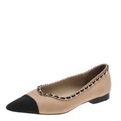 Chanel Beige/Black Leather and Fabric Cap Toe Slingback Flats