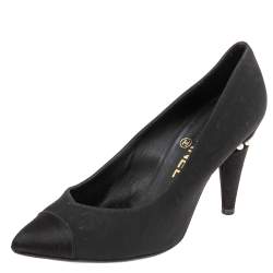 Pre Owned Chanel Black Canvas CC Cap Toe Pumps Size 37