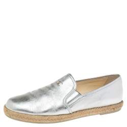 Pre Owned Chanel Silver Leather CC Cap Toe Espadrille Flats Size 39.5
