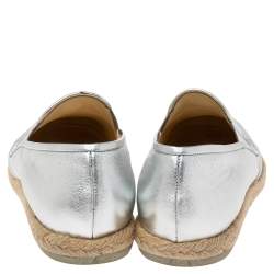 Pre Owned Chanel Silver Leather CC Cap Toe Espadrille Flats Size 39.5