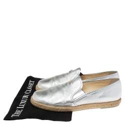 Pre Owned Chanel Silver Leather CC Cap Toe Espadrille Flats Size 39.5