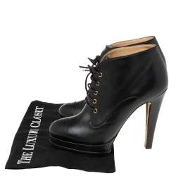 Chanel Black Leather Cap Toe Lace Up Platform Ankle Boots Size 38