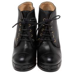 Chanel Black Leather Cap Toe Lace Up Platform Ankle Boots Size 38