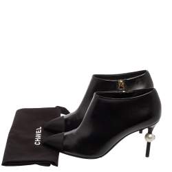 Chanel Black Leather and Fabric Cap Pointed-Toe Ankle Booties Size 36.5
