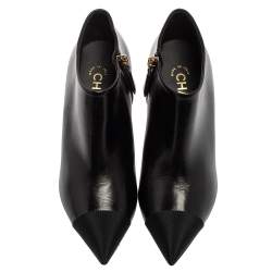 Chanel Black Leather and Fabric Cap Pointed-Toe Ankle Booties Size 36.5