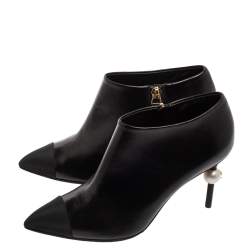 Chanel Black Leather and Fabric Cap Pointed-Toe Ankle Booties Size 36.5